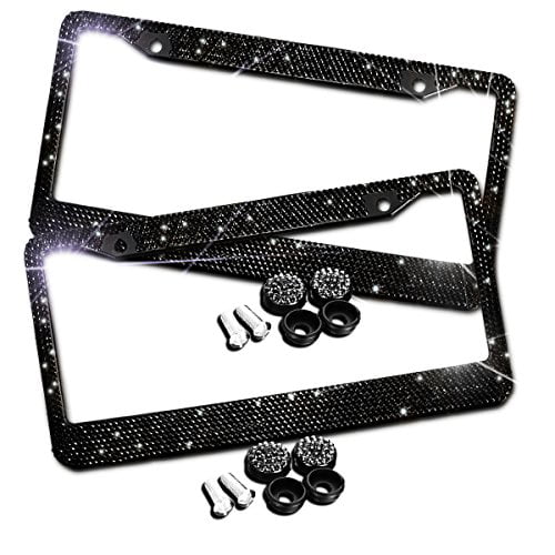 3 Pieces Bling Crystal License Plate Cover Set Including Diamond License Plate Cover with Screws One Button Start Ring and Car Self-Adhesive Rhinestone Sticker for Women & Men Cars Trucks 
